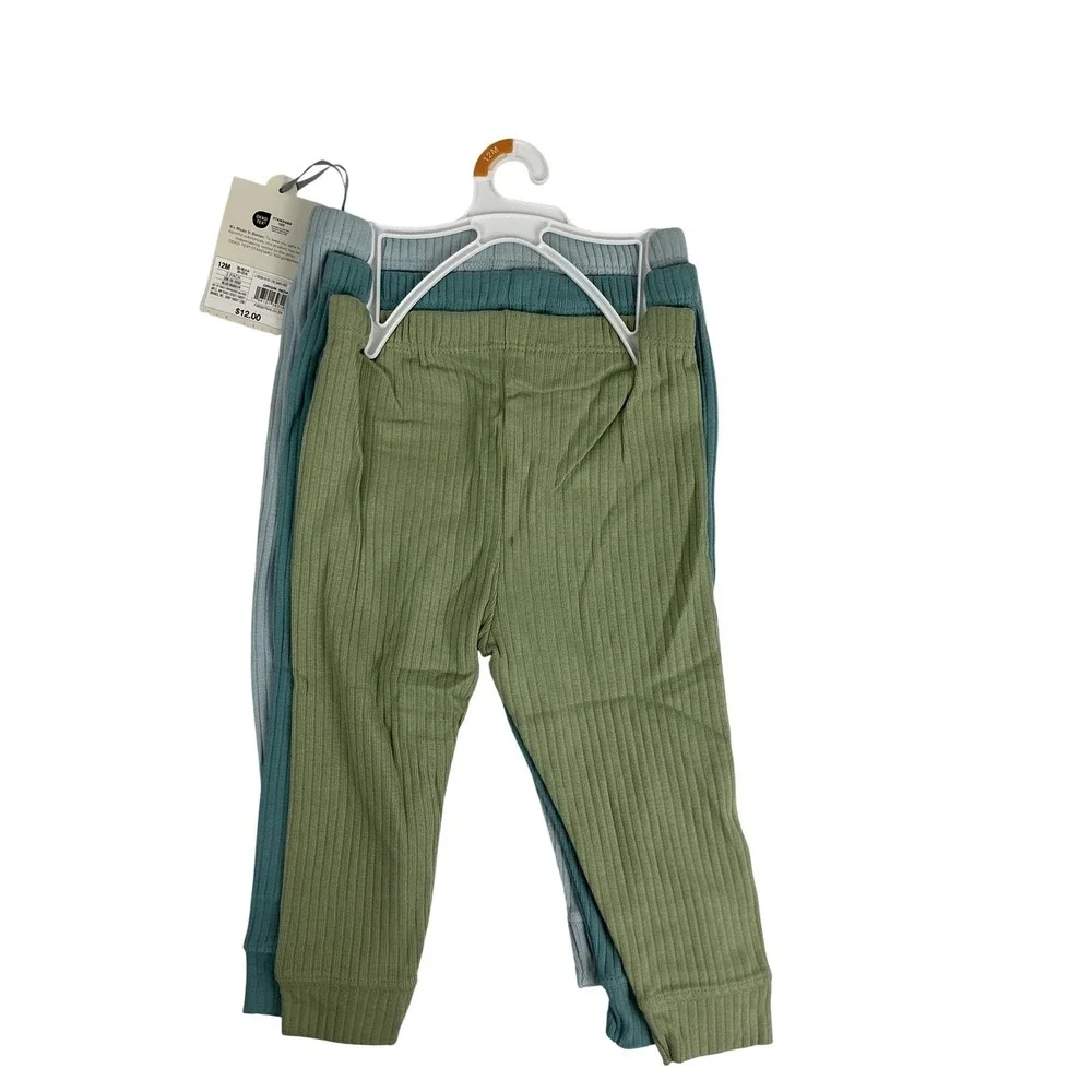 NWT Cloud Island Baby Ribbed Pants 3-Pack 12M Blue‎ Green Leggings Neutral